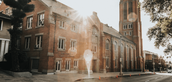 Sunbeam over a neighborhood church