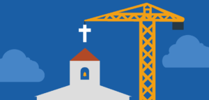 Construction crane lowering a large cross atop a church steeple