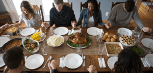 Holding hands and heads bowed in prayer around a Thanksgiving table