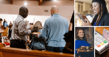 Photo collage -- passing the plate during worship, giving on a cell phone, an usher holding a collection plate, and a credit card swipe