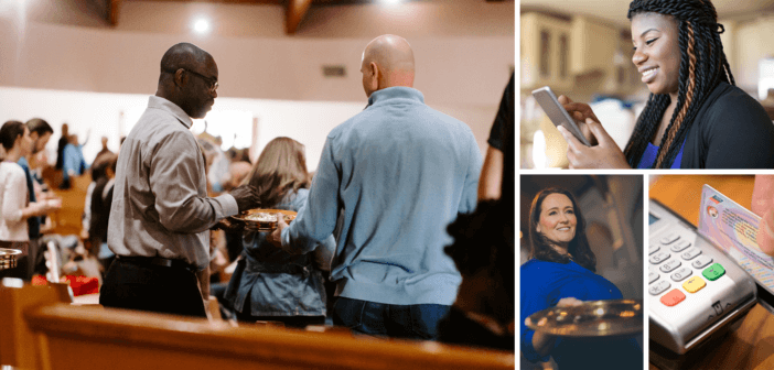 Photo collage -- passing the plate during worship, giving on a cell phone, an usher holding a collection plate, and a credit card swipe