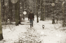 A person walking a dog on a path in a snowy forest