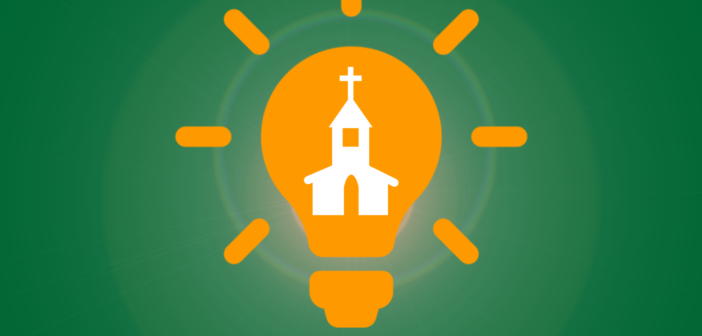 Light bulb idea icon with a church as the filament