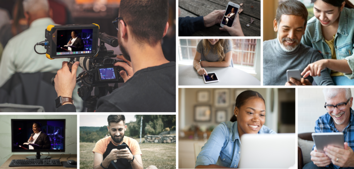 Photo collage of people engaging in person and online.