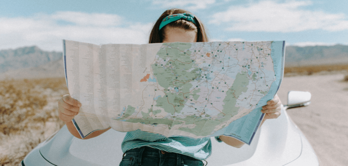 Person looking at a map in a barren landscape