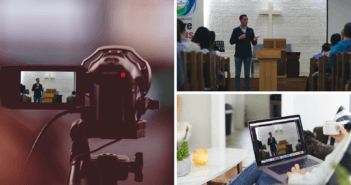 Photo collage of an in-person worship service, a videocamera streaming the same worship service, and a person watching the same service at home on their laptop