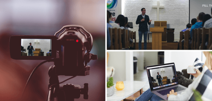 Photo collage of an in-person worship service, a videocamera streaming the same worship service, and a person watching the same service at home on their laptop