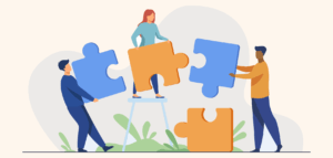 People building a giant puzzle together