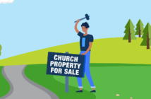 Should Your Church Consider Selling Property? Graphic of a person pounding into the ground a sign that says CHURCH PROPERTY FOR SALE