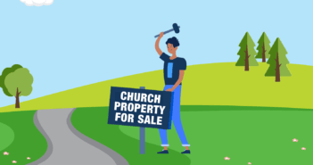 Graphic of a person pounding into the ground a sign that says CHURCH PROPERTY FOR SALE