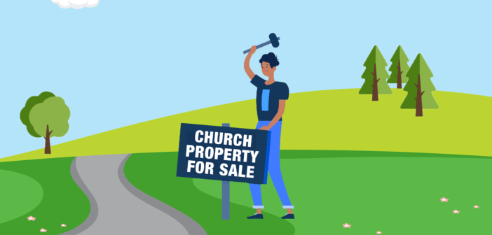 Graphic of a person pounding into the ground a sign that says CHURCH PROPERTY FOR SALE