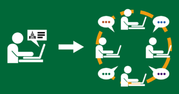 Graphic showing one person receiving information from the church leading to that person sharing information with others in a group