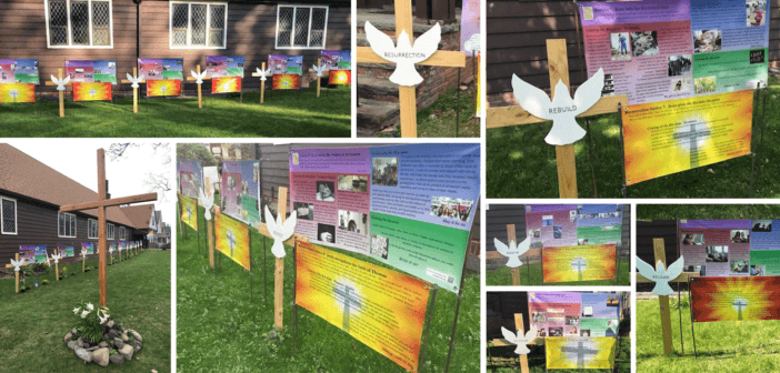 Photo of outdoor social justice stations of the cross at New Paltz United Methodist Church