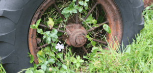 Tractor wheel overgrown with weeds