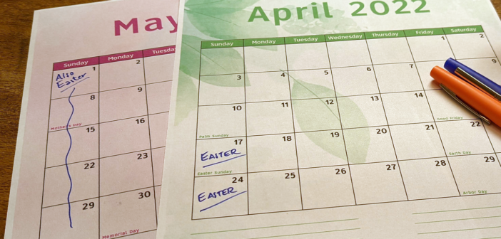 Monthly calendars with Sundays marked as Easter
