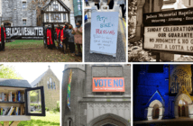Collage of church buildings expressing their congregations' values through exterior banners, signs, a Little Free Library, and dramatic lighting