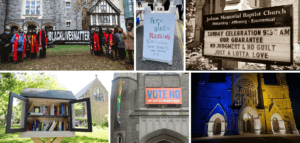 Collage of church buildings expressing their congregations' values through exterior banners, signs, a Little Free Library, and dramatic lighting