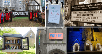 Collage of church buildings expressing their congregations' values through exterior banners, signs, a Little Free Library, and dramatic lighting