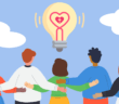 Illustration of people looking up at an idea light bulb with a heart filament