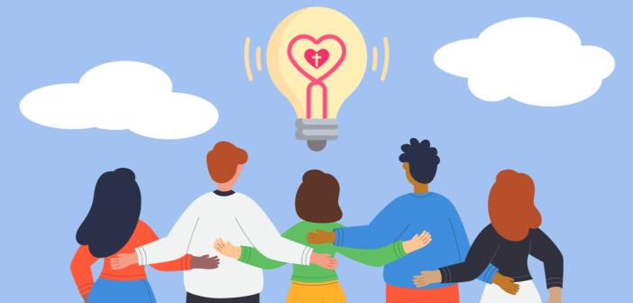 Illustration of people looking up at an idea light bulb with a heart filament