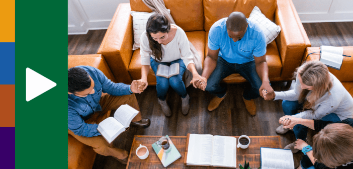 People praying in the living room of a house church worship service