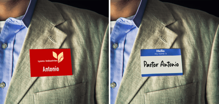 Pastor wearing a name tag from his M-F job and another one that says PASTOR
