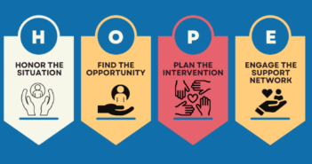 H.O.P.E. Saves Lives suicide prevention graphic -– H Honor the situation – O Find the opportunity – P Plan the intervention – E Engage the support network