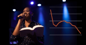 Chart showing decreasing number of young pastors superimposed over an image of a young pastor