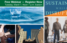 Images representing sustaining vs disrupting -- water droplet, city church surrounded by skyscrapers, etc.