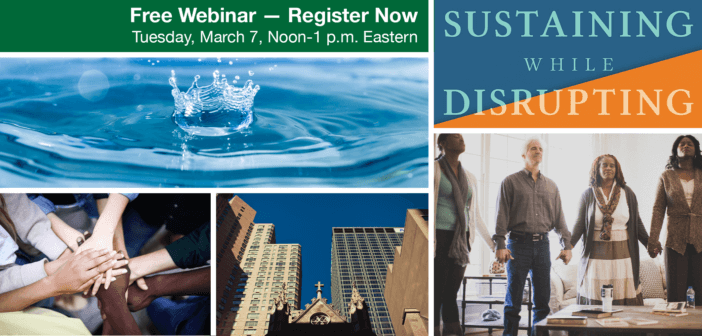 Images representing sustaining vs disrupting -- water droplet, city church surrounded by skyscrapers, etc.