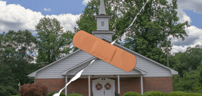 Photo of a church ripped in half held together by a bandage