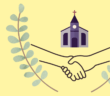 Graphic showing a handshake and a church inside fern laurels