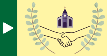 Graphic showing a handshake and a church inside fern laurels