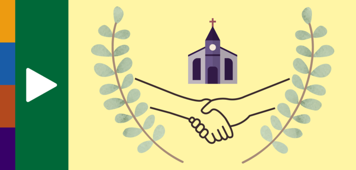 Graphic showing a handshake and a church inside fern laurels