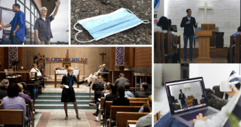 Collage of worship services in-person and online