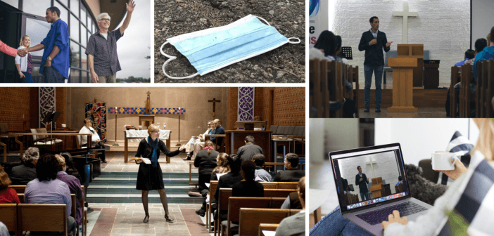 Collage of worship services in-person and online