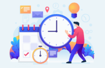 Productivity graphic featuring clocks, calendars, checklists, etc