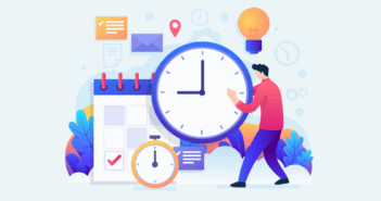 Productivity graphic featuring clocks, calendars, checklists, etc