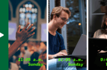Collage of a photo showing a Sunday morning worship service, a photo of a person with a computer engaging virtually with that same worship service, and a person on a computer watching a recording of that service several days later