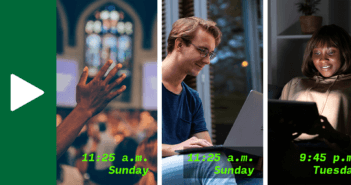 Collage of a photo showing a Sunday morning worship service, a photo of a person with a computer engaging virtually with that same worship service, and a person on a computer watching a recording of that service several days later