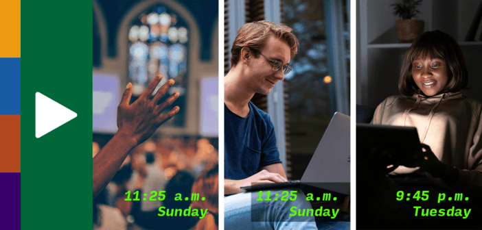 Collage of a photo showing a Sunday morning worship service, a photo of a person with a computer engaging virtually with that same worship service, and a person on a computer watching a recording of that service several days later