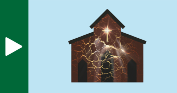 Graphic representation of the light of the Holy Spirit bursting forth from a church building