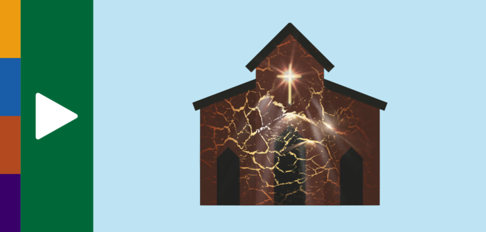 Graphic representation of the light of the Holy Spirit bursting forth from a church building