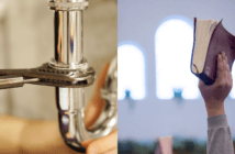 Photo of a plumber's hand holding a wrench vs. a photo of a person holding a Bible aloft at church
