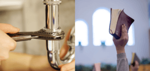 Photo of a plumber's hand holding a wrench vs. a photo of a person holding a Bible aloft at church