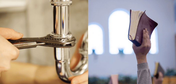 Photo of a plumber's hand holding a wrench vs. a photo of a person holding a Bible aloft at church