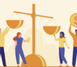 Graphic of people placing coins on a balance scale
