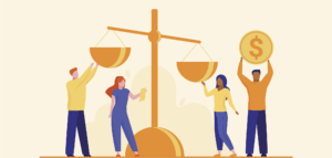Graphic of people placing coins on a balance scale