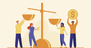 Graphic of people placing coins on a balance scale