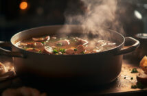 Big pot of soup simmering on a stove